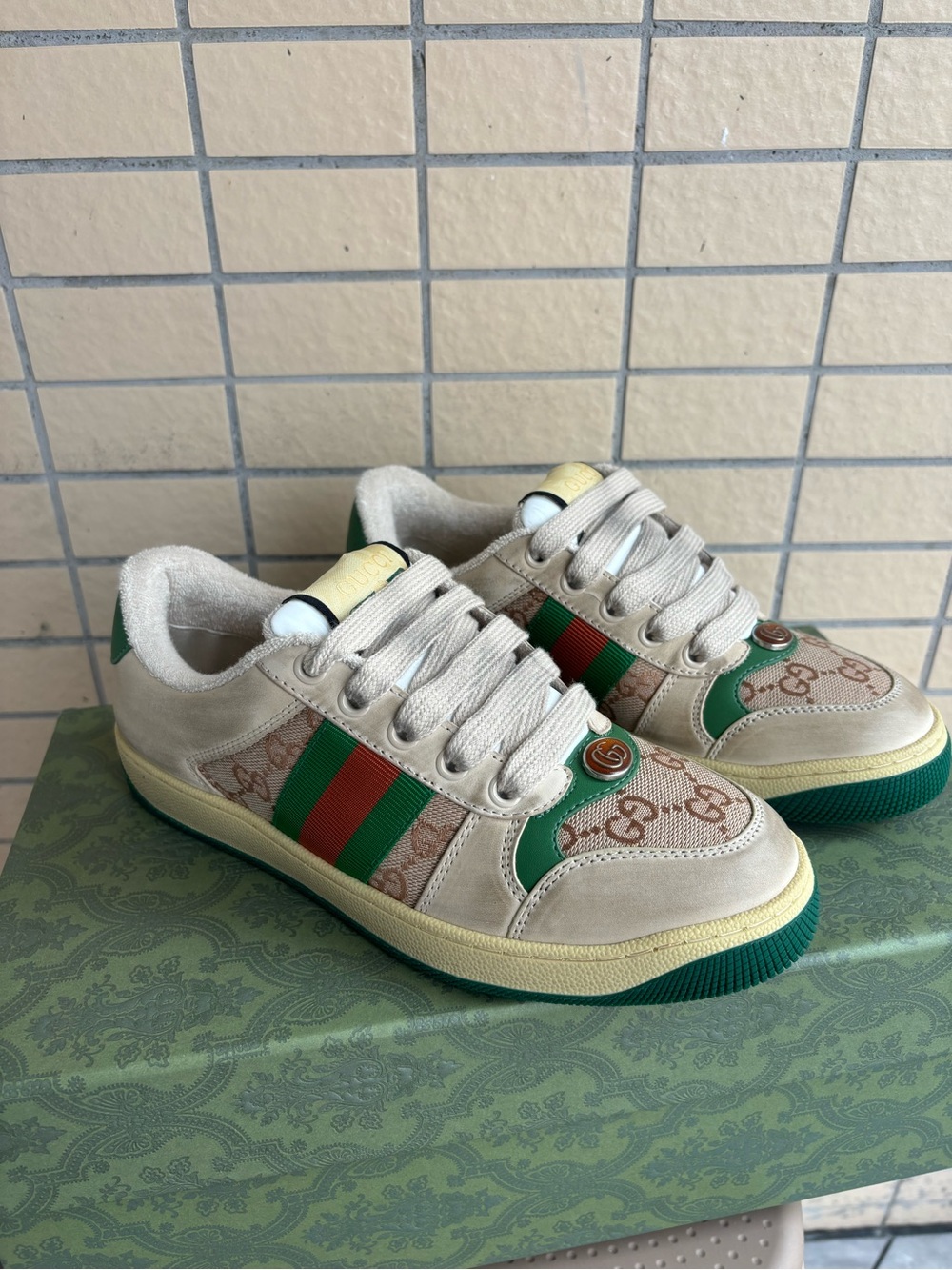 Designer Gucci Beige & Green Low-Top Sneakers with Signature Web Stripe